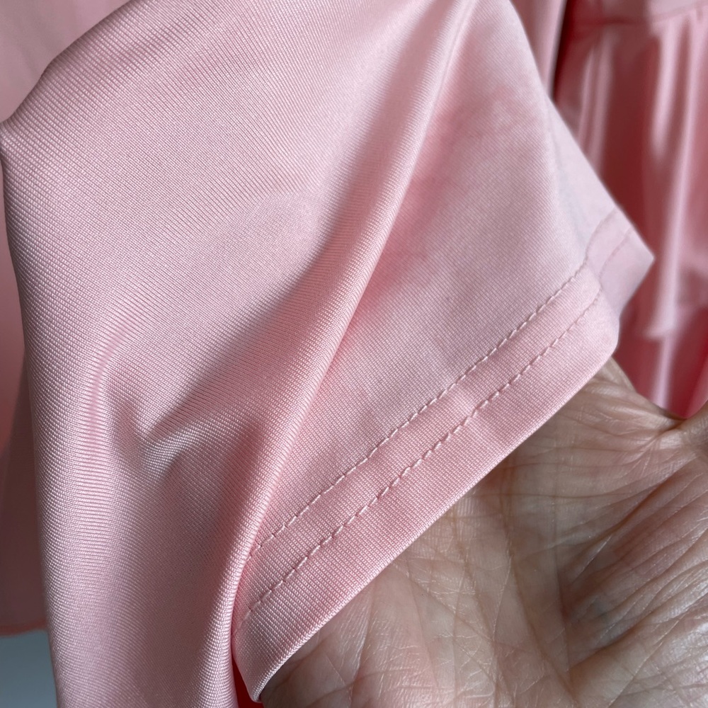 PINK OFF THE SHOULDER LONG SLEEVE DRESS PEASANT STYLE RUFFLES FITTED STRETCH - Picture 4 of 5